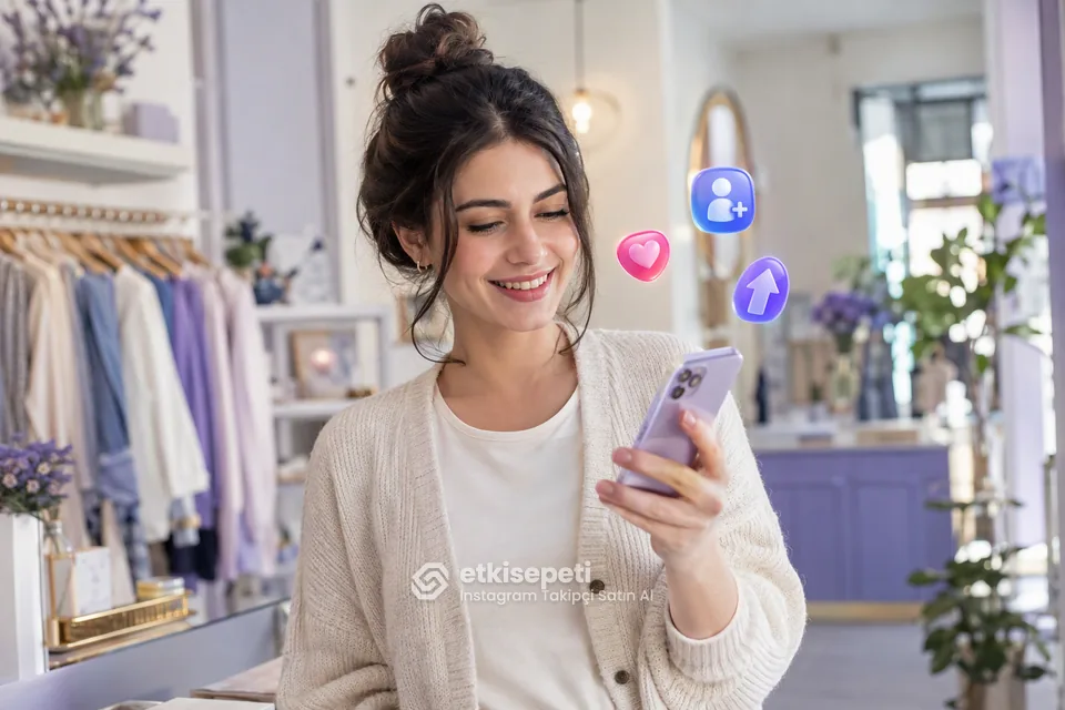 Butik sahibi Instagram profilindeki takipçi artışını telefonundan izliyor