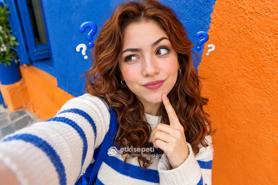 Instagram takipçi satın almadan önce parmağı çenesinde, sorularını düşünen genç kadın