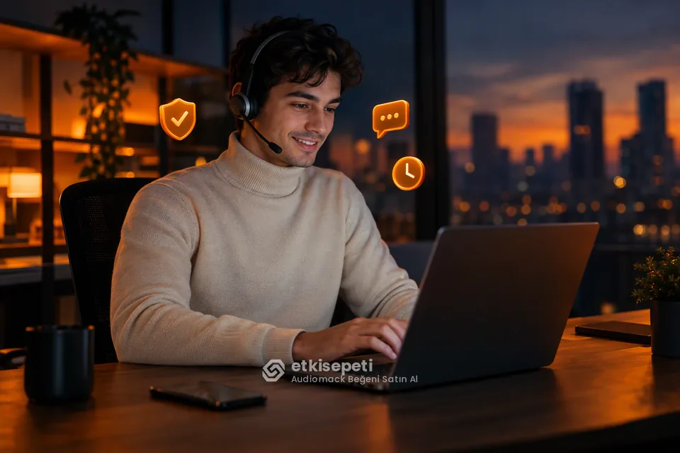 Destek uzmanı Audiomack Beğeni siparişlerini panelden takip ediyor