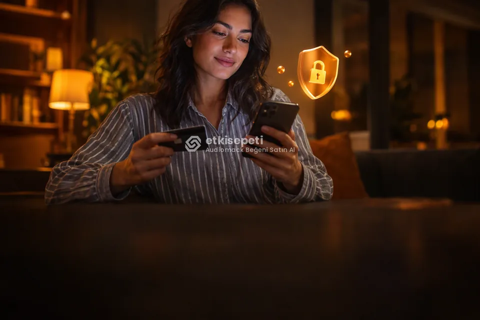 Kart ve telefonla güvenli ödeme yapan bir kullanıcı