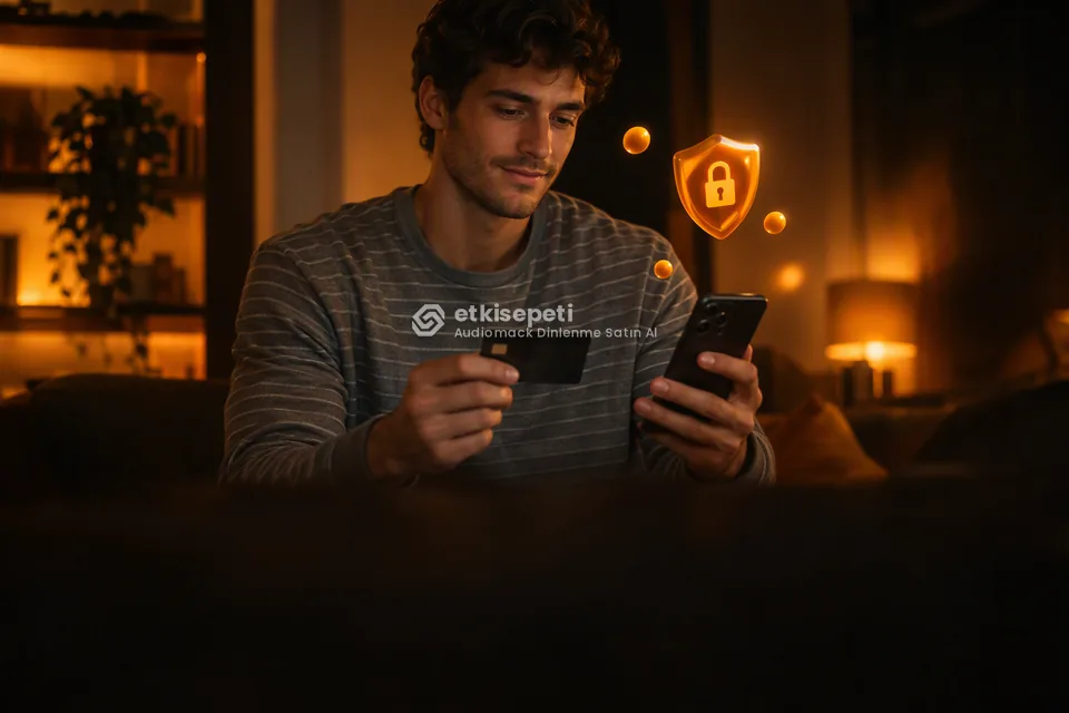 Kart ve telefonla güvenli ödeme yapan bir kullanıcı