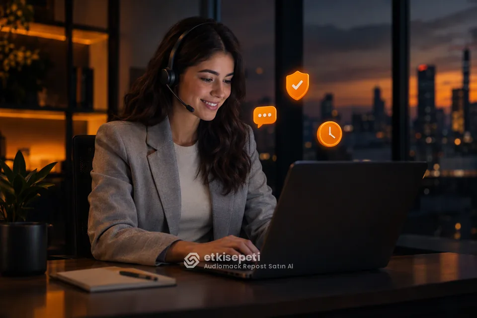 Destek uzmanı Audiomack Repost siparişlerini panelden takip ediyor