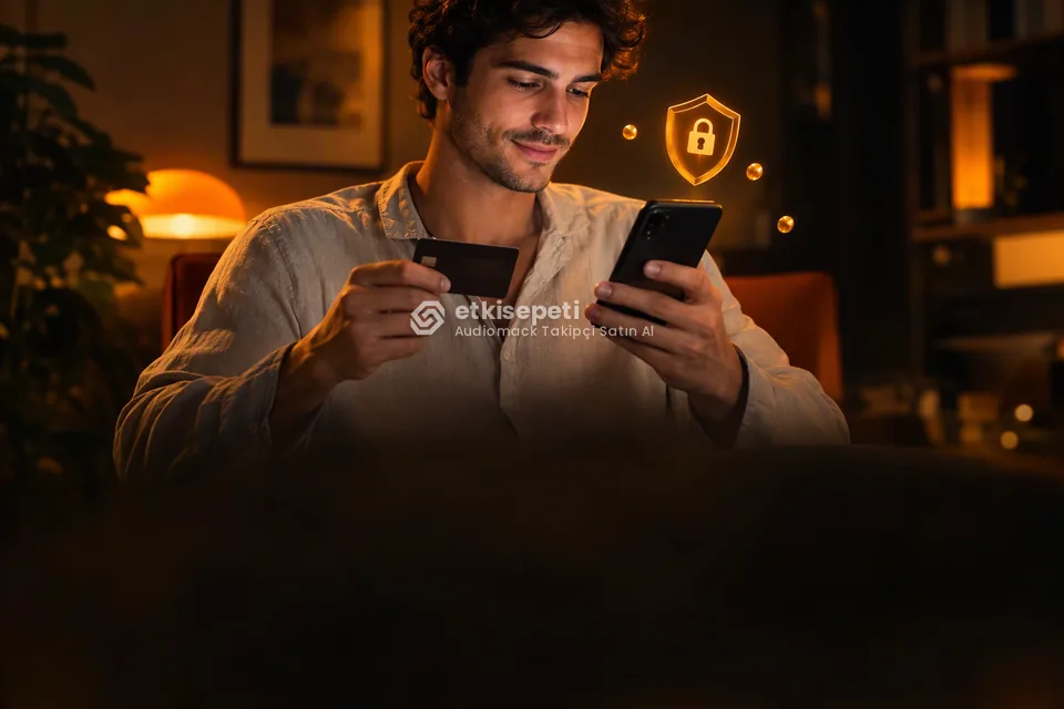 Kart ve telefonla güvenli ödeme yapan bir kullanıcı
