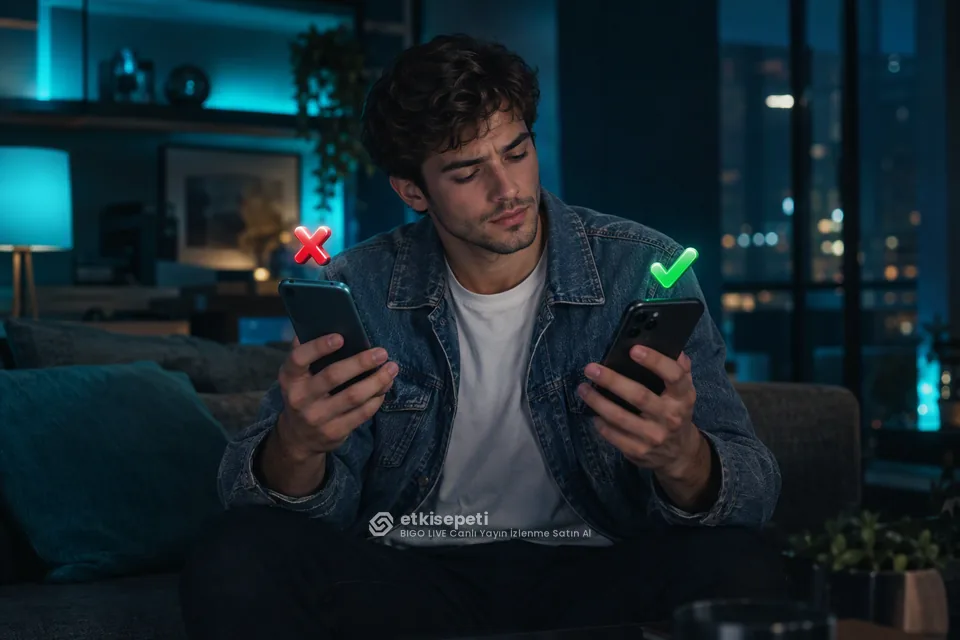 İki seçeneği karşılaştırarak BIGO LIVE Canlı Yayın İzlenme için site seçen bir kullanıcı