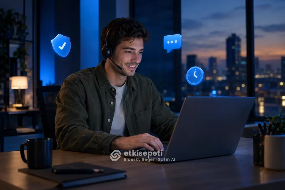 Destek uzmanı Bluesky Beğeni siparişlerini panelden takip ediyor