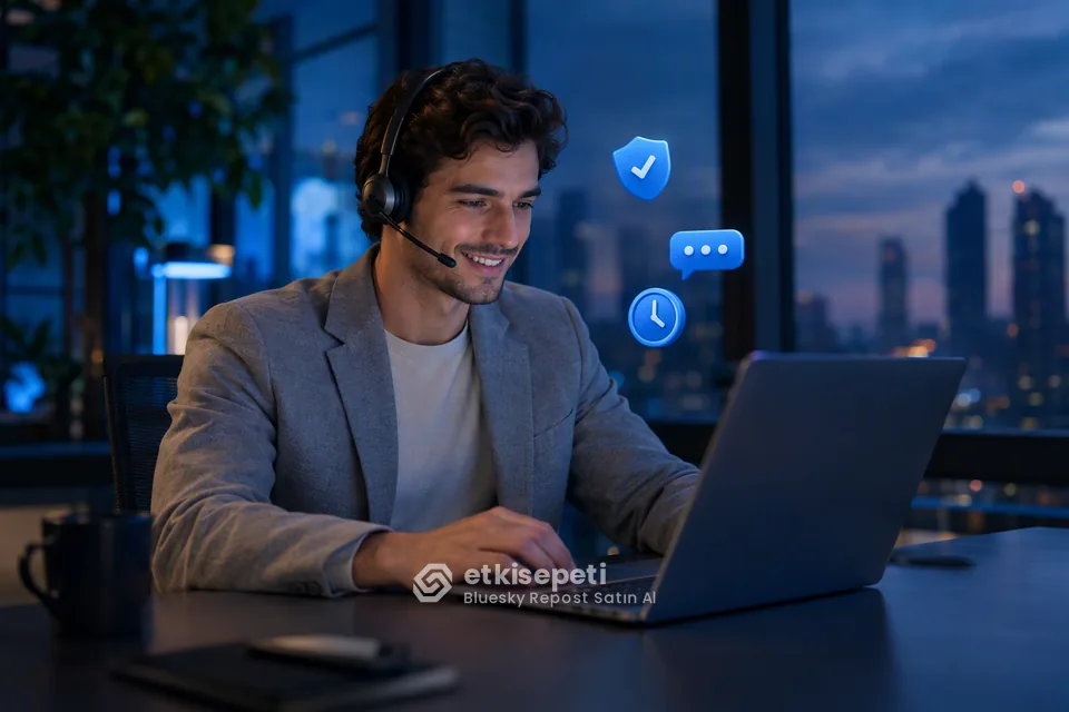 Destek uzmanı Bluesky Repost siparişlerini panelden takip ediyor