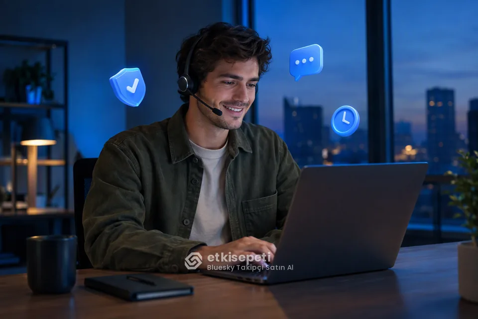 Destek uzmanı Bluesky Takipçi siparişlerini panelden takip ediyor