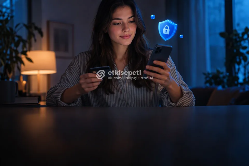Kart ve telefonla güvenli ödeme yapan bir kullanıcı