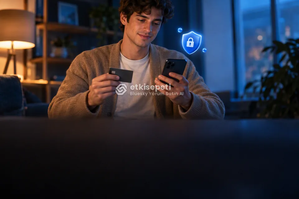 Kart ve telefonla güvenli ödeme yapan bir kullanıcı