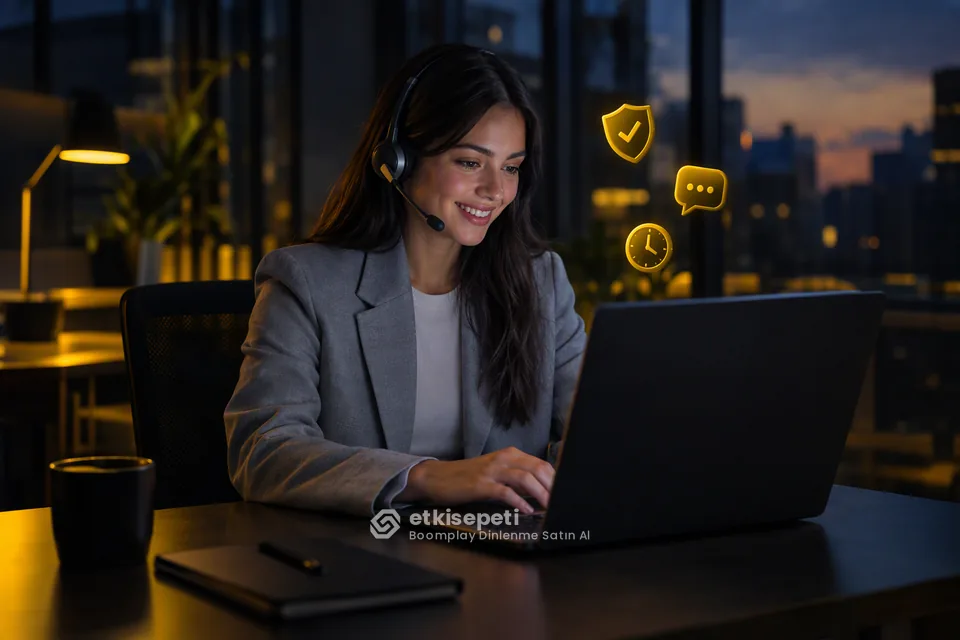 Destek uzmanı Boomplay Dinlenme siparişlerini panelden takip ediyor