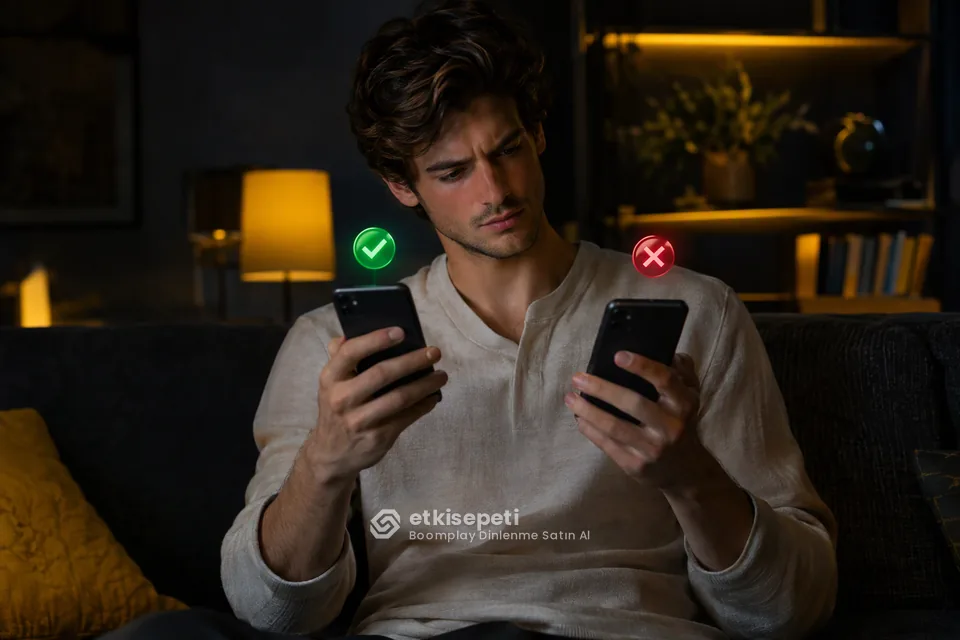 İki seçeneği karşılaştırarak Boomplay Dinlenme için site seçen bir kullanıcı