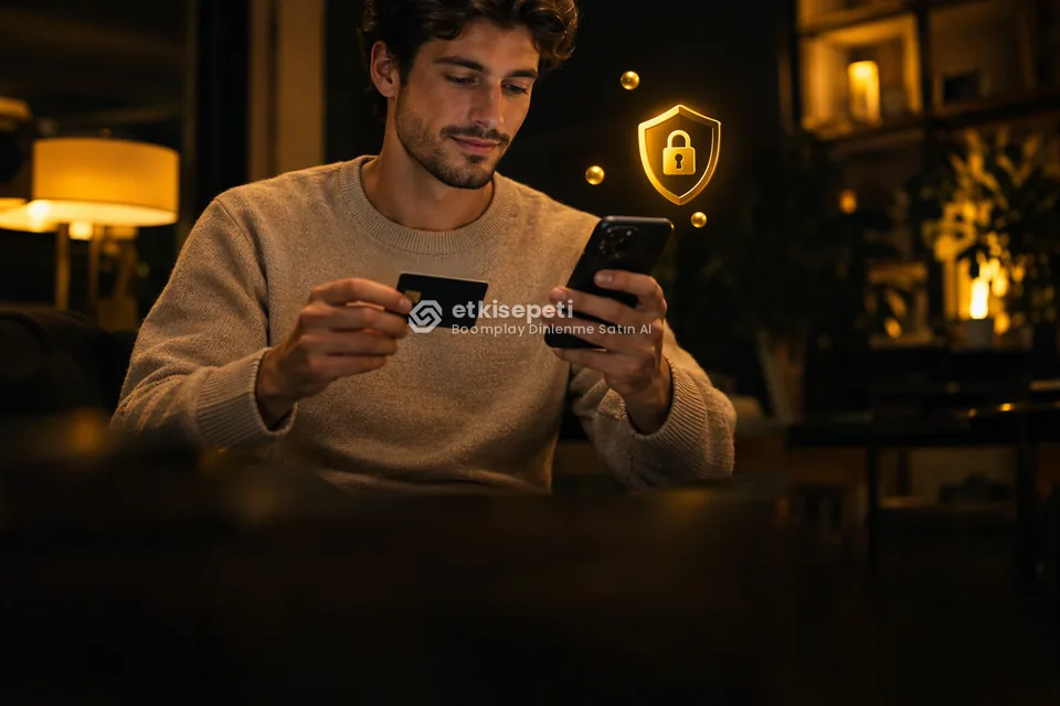 Kart ve telefonla güvenli ödeme yapan bir kullanıcı