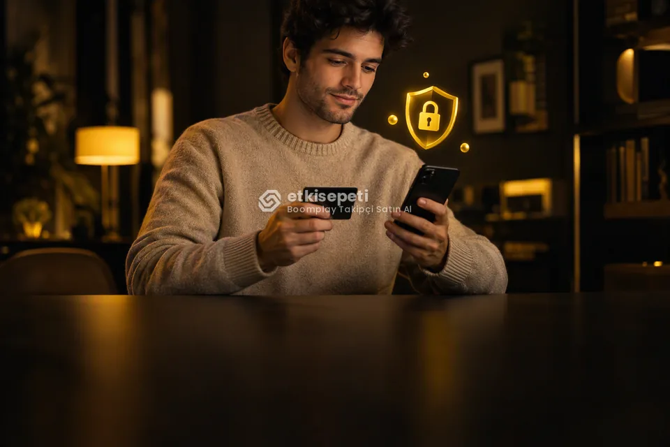 Kart ve telefonla güvenli ödeme yapan bir kullanıcı