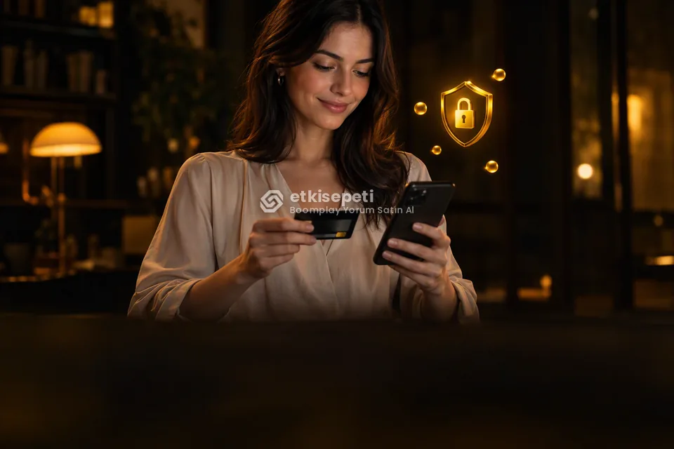 Kart ve telefonla güvenli ödeme yapan bir kullanıcı