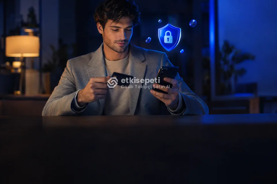 Kart ve telefonla güvenli ödeme yapan bir kullanıcı