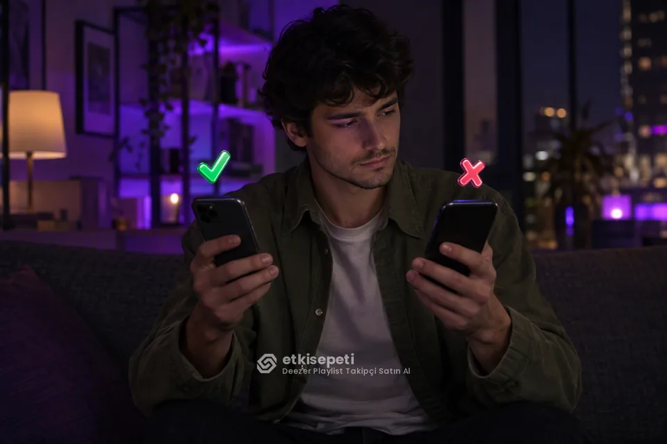 İki seçeneği karşılaştırarak Deezer Playlist Takipçi için site seçen bir kullanıcı
