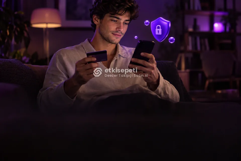 Kart ve telefonla güvenli ödeme yapan bir kullanıcı