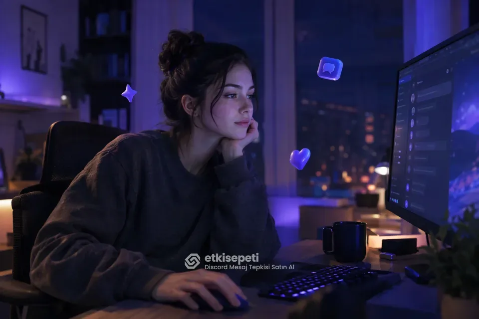 Discord mesaj tepkisi satın al siparişi için masaüstünde mesaj bağlantısını kopyalayan genç kadın