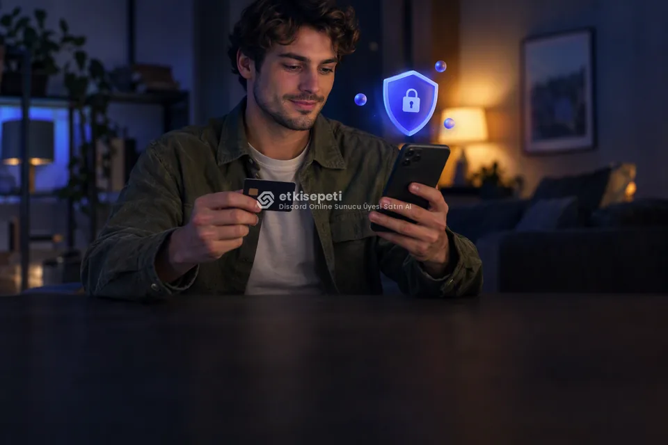 Kart ve telefonla güvenli ödeme yapan bir kullanıcı
