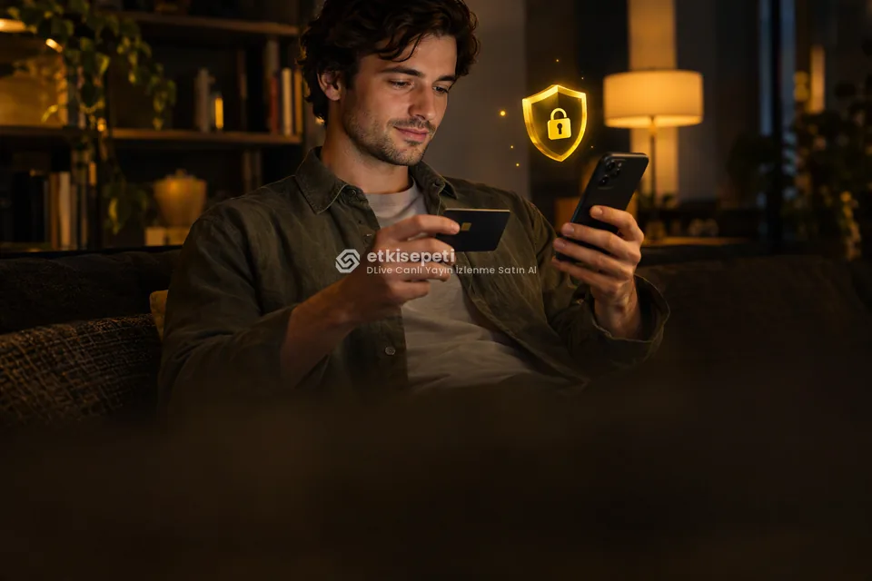 Kart ve telefonla güvenli ödeme yapan bir kullanıcı