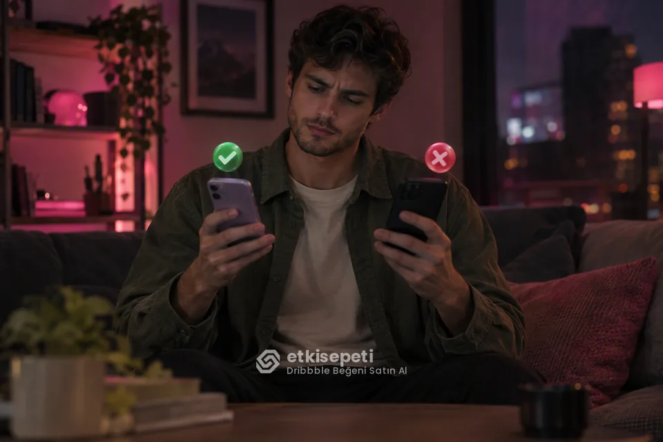 İki seçeneği karşılaştırarak Dribbble Beğeni için site seçen bir kullanıcı