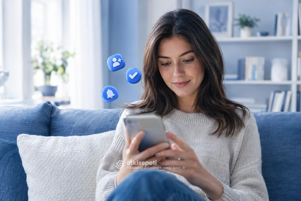 Facebook arkadaşlık isteği satın al sonrası telefonunda bekleyen arkadaşlık isteklerini kabul eden genç kadın