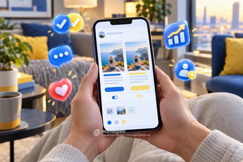 İki farklı gönderi görselini karşılaştıran ekip, Facebook Gönderi Paylaşım Satın Al testi yapıyor