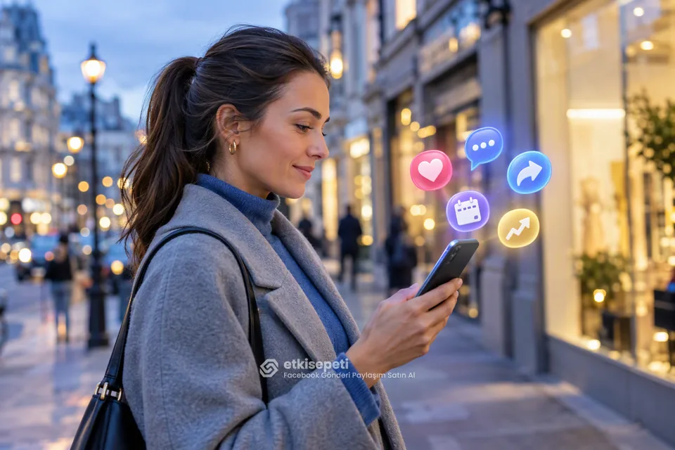 Facebook Gönderi Paylaşım Satın Al hizmetinin uygun içerik türlerini gösteren izometrik sahne