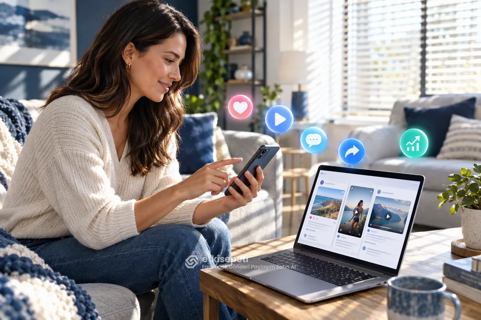 Facebook Gönderi Paylaşım Satın Al için gönderi, Reels ve video türlerini gösteren 3D sahne