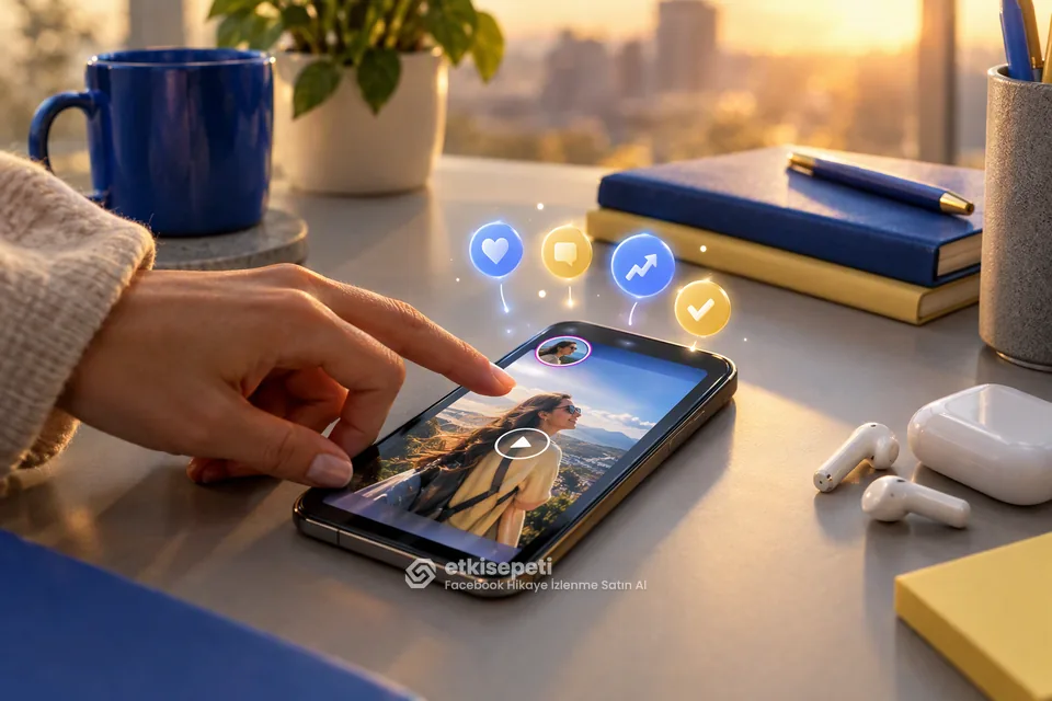 Facebook Hikaye İzlenme Satın Al için farklı hikaye içerik türlerini gösteren 3D sahne