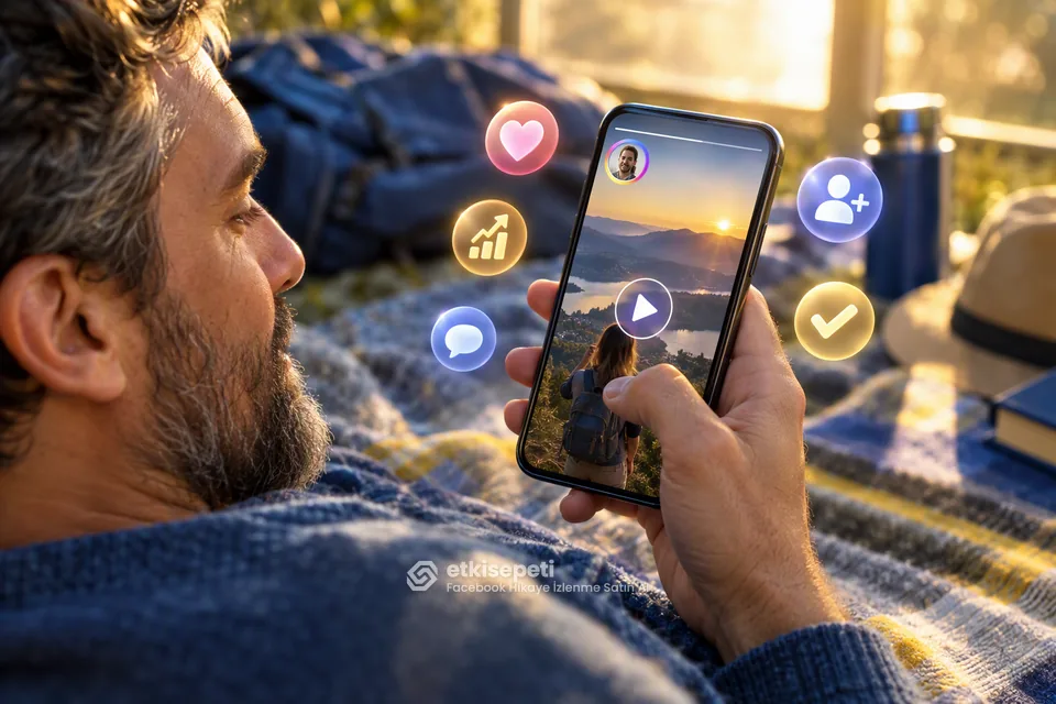 Telefonda açılmış hikaye ekranı üzerinden Facebook Hikaye İzlenme Satın Al hizmetinin işleyişi