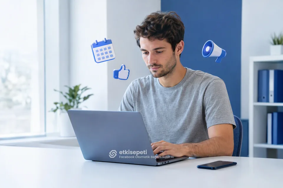 Facebook otomatik beğeni satın al hizmetini müşteri sayfalarının kampanya gönderileri için planlayan bir sosyal medya yöneticisi