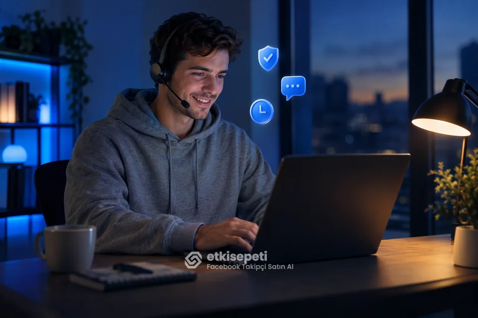 Destek uzmanı Facebook takipçi siparişlerini panelden takip ediyor