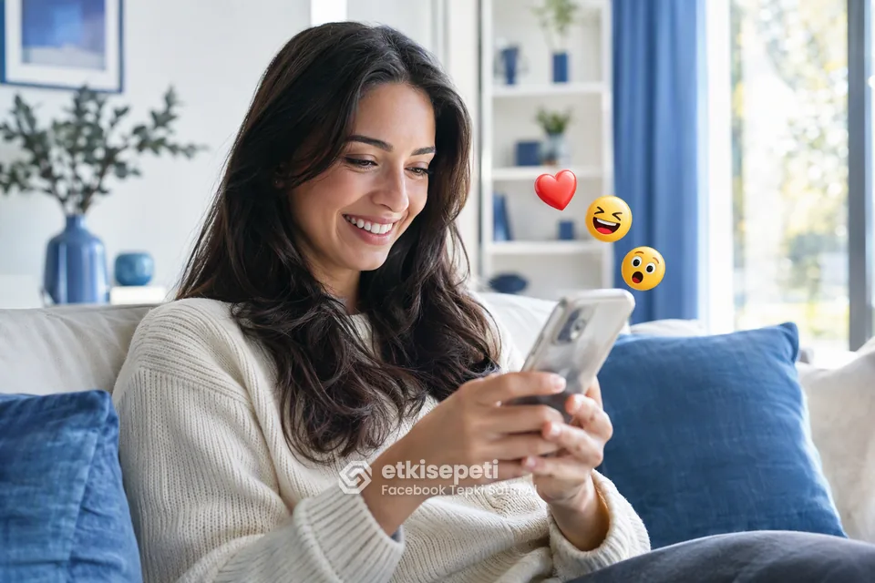 Facebook tepki satın al öncesi telefonda gönderinin tepki menüsünü açıp emoji seçeneklerine bakan genç kadın