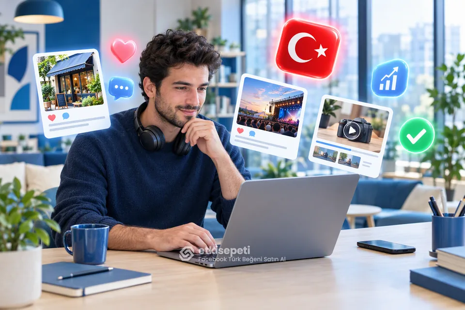 İçerik planı, hedef kitle ve beğeni akışı ekranı; Facebook Türk Beğeni Satın Al senaryosu