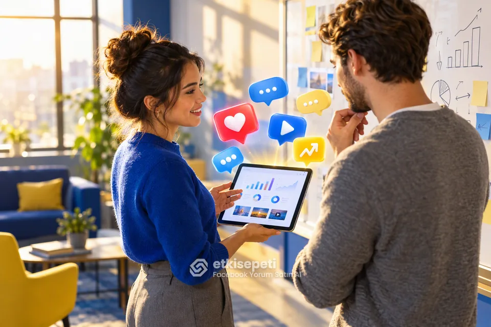 Facebook Yorum Satın Al ile beğeni ve izlenme dengesini gösteren 3D sahne