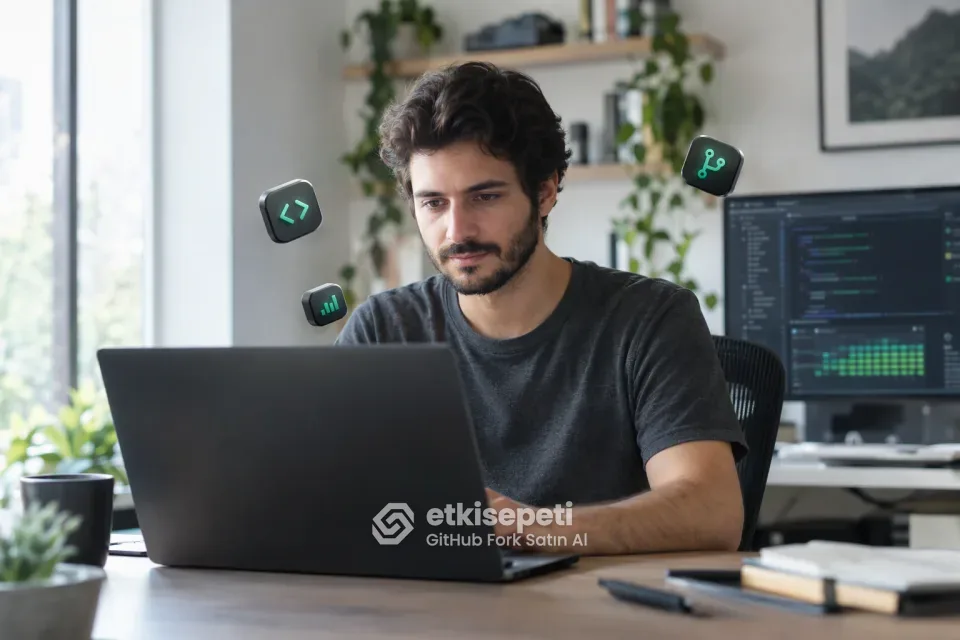 GitHub fork satın al öncesi deposunun sayfasında Fork ve Star sayaçlarını inceleyen bir yazılım geliştirici