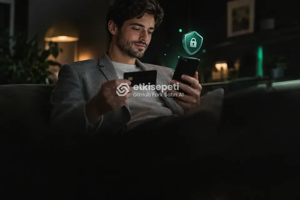 Kart ve telefonla güvenli ödeme yapan bir kullanıcı