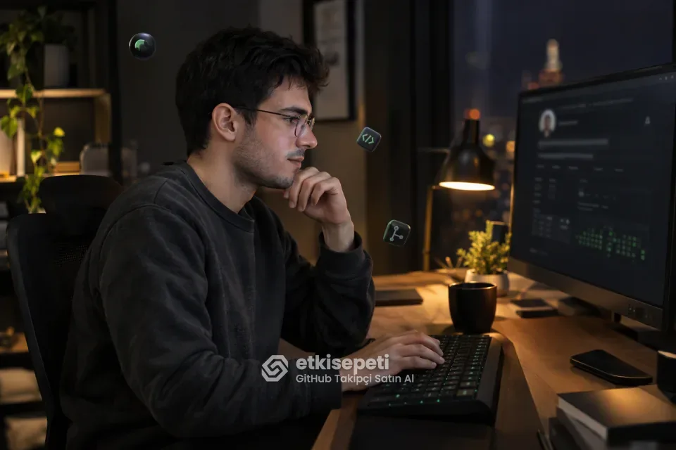 GitHub takipçi satın al öncesi dizüstü bilgisayarda kendi GitHub profil sayfasına bakan genç yazılımcı