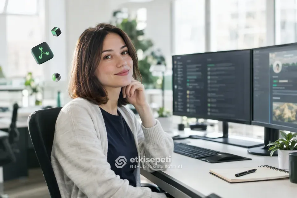 GitHub takipçi ile yıldız ve fork farkını iki monitörde depo ve profil sayfalarını karşılaştırarak inceleyen kadın geliştirici