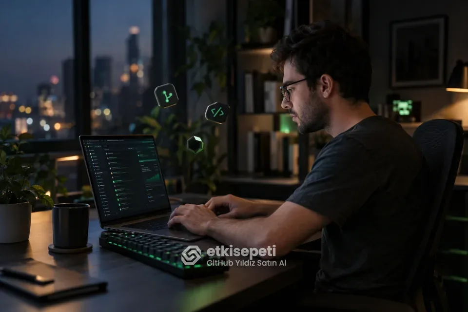 GitHub yıldız satın al öncesi laptop ekranında deponun Star, Watch ve Fork sayaçlarını inceleyen yazılımcı
