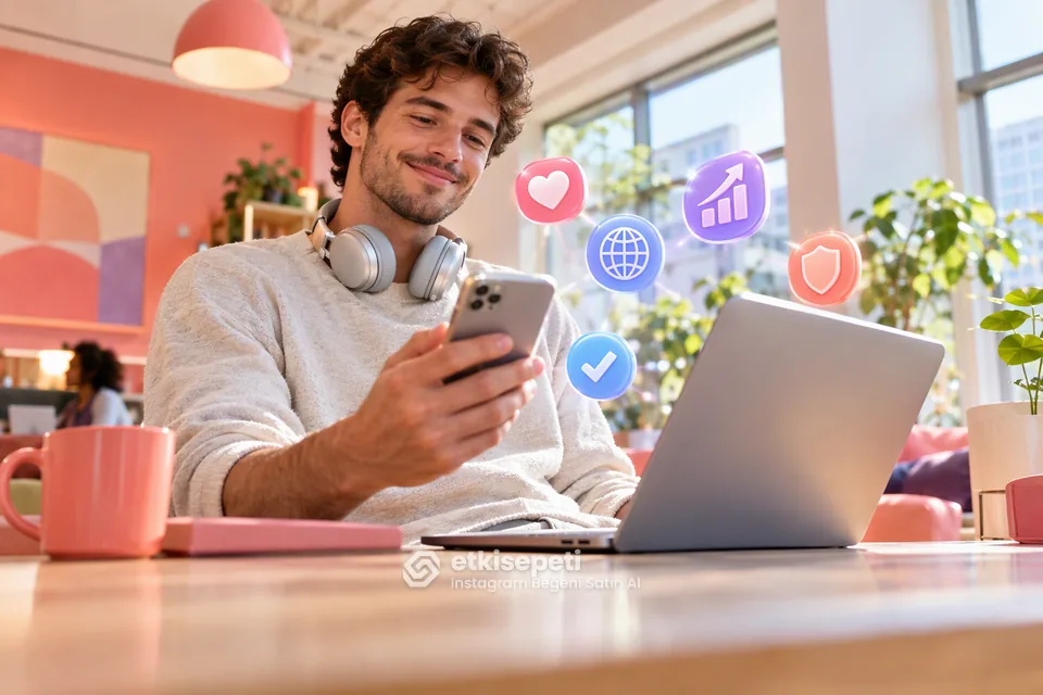 Instagram Beğeni satın al paket içeriğini gösteren global beğeni ve gönderi türleri sahnesi