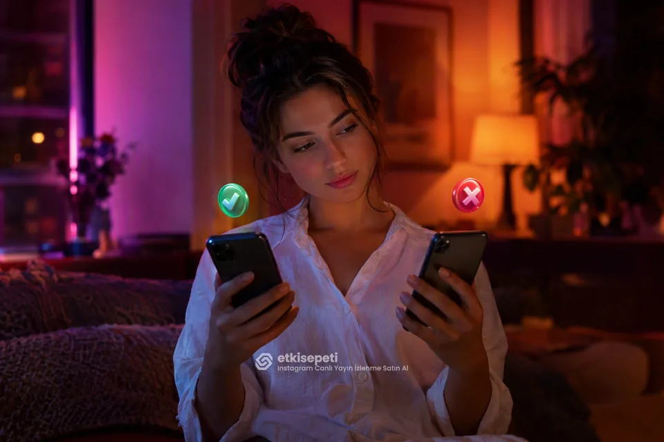 İki seçeneği karşılaştırarak Instagram Canlı Yayın İzlenme için site seçen bir kullanıcı