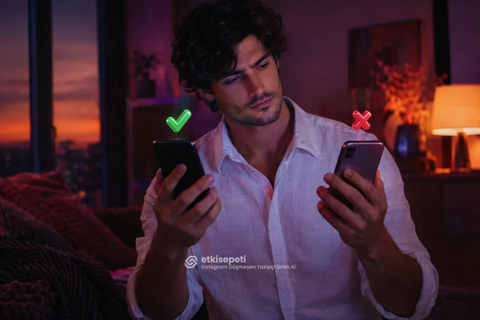 İki seçeneği karşılaştırarak Instagram Düşmeyen Takipçi için site seçen bir kullanıcı