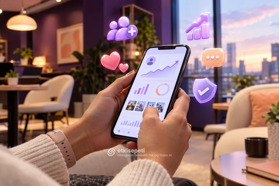 Instagram Garantili Takipçi için kurumsal, mağaza ve etkinlik hesaplarını gösteren 3D sahne