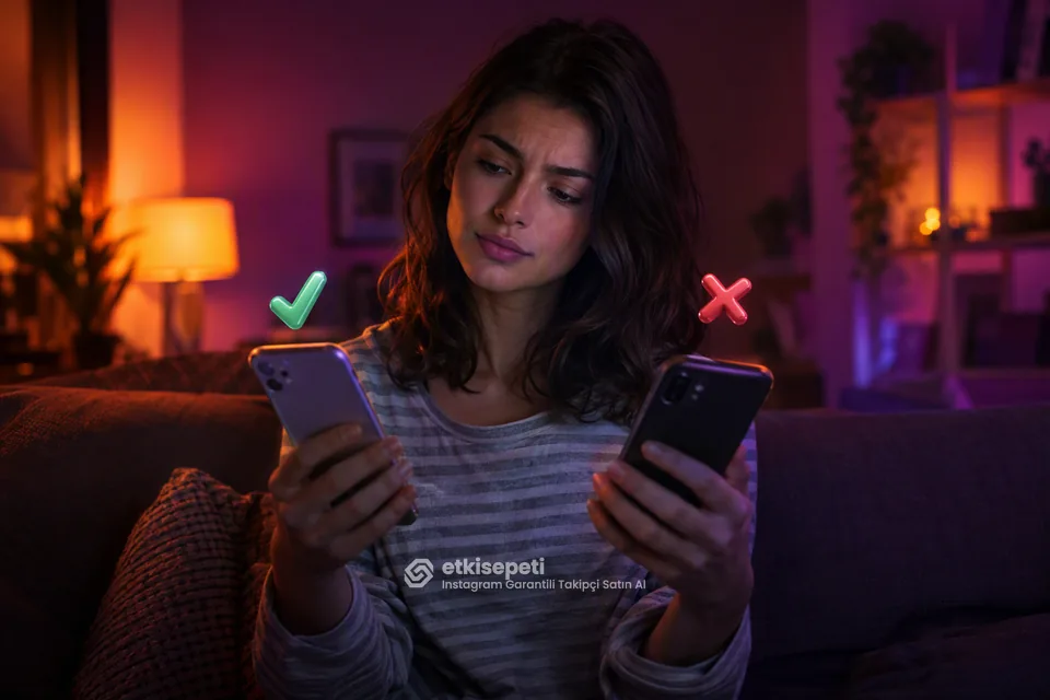 İki seçeneği karşılaştırarak Instagram Garantili Takipçi için site seçen bir kullanıcı