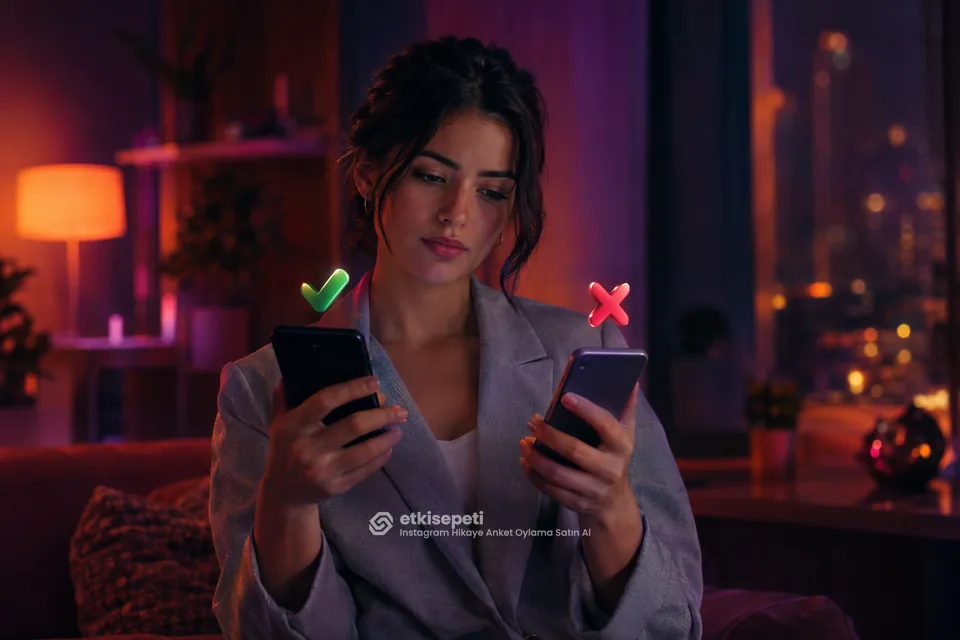 İki seçeneği karşılaştırarak Instagram Hikaye Anket Oylama için site seçen bir kullanıcı