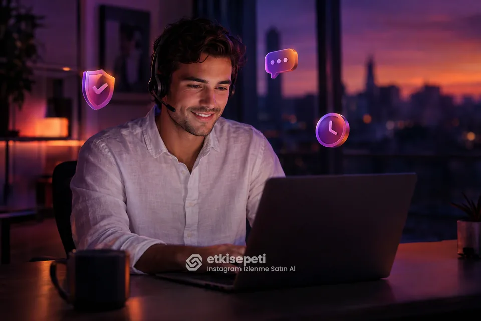 Destek uzmanı Instagram İzlenme siparişlerini panelden takip ediyor