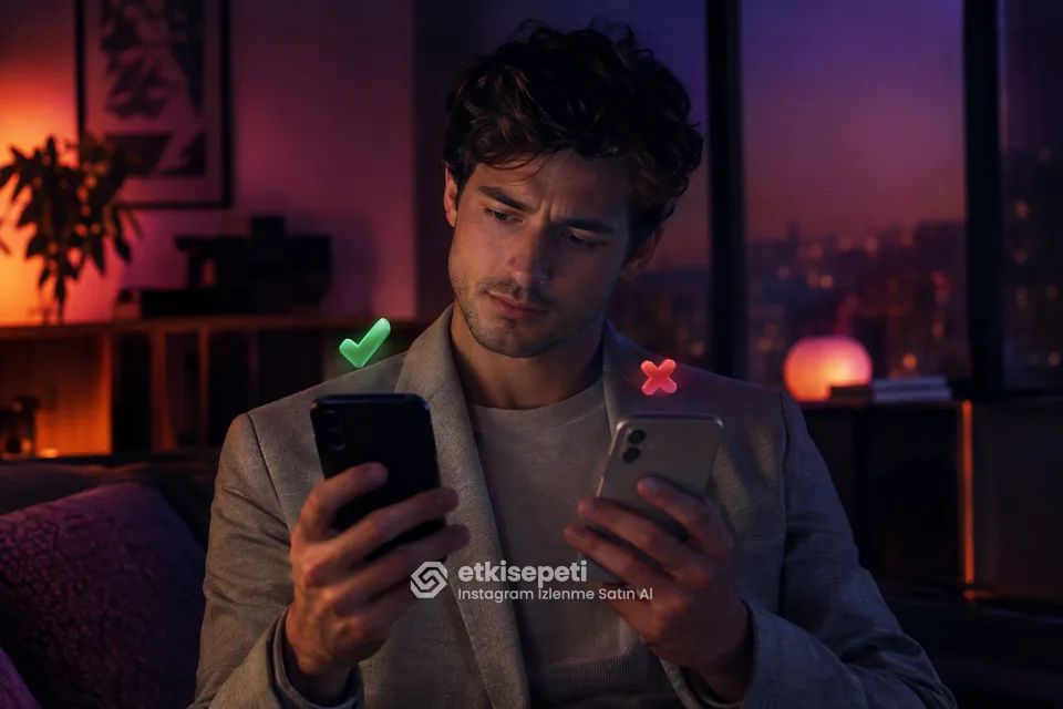 İki seçeneği karşılaştırarak Instagram İzlenme için site seçen bir kullanıcı