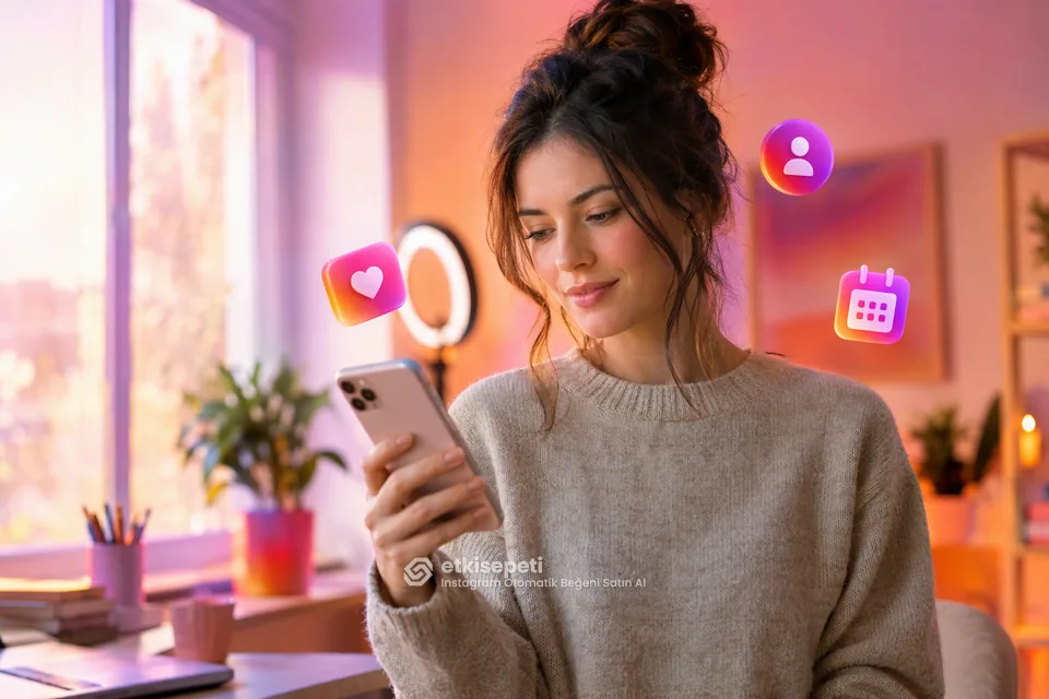 Instagram otomatik beğeni satın al öncesi profil ve tek gönderi seçeneklerini telefonunda karşılaştıran bir içerik üreticisi